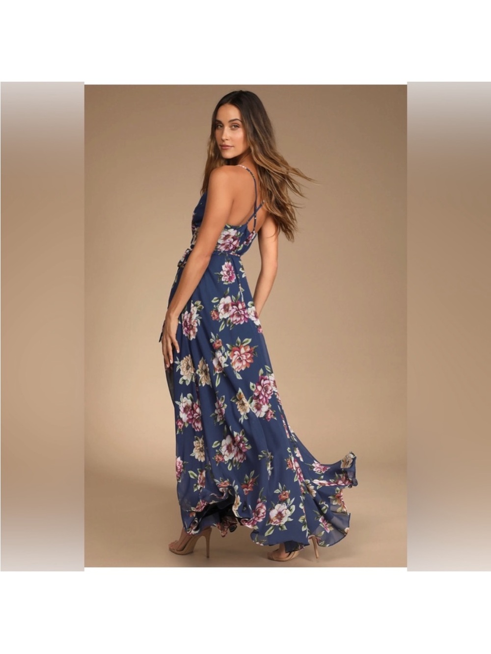 Lulus Always There for Me Navy Blue Floral Print Wrap Maxi Dress
